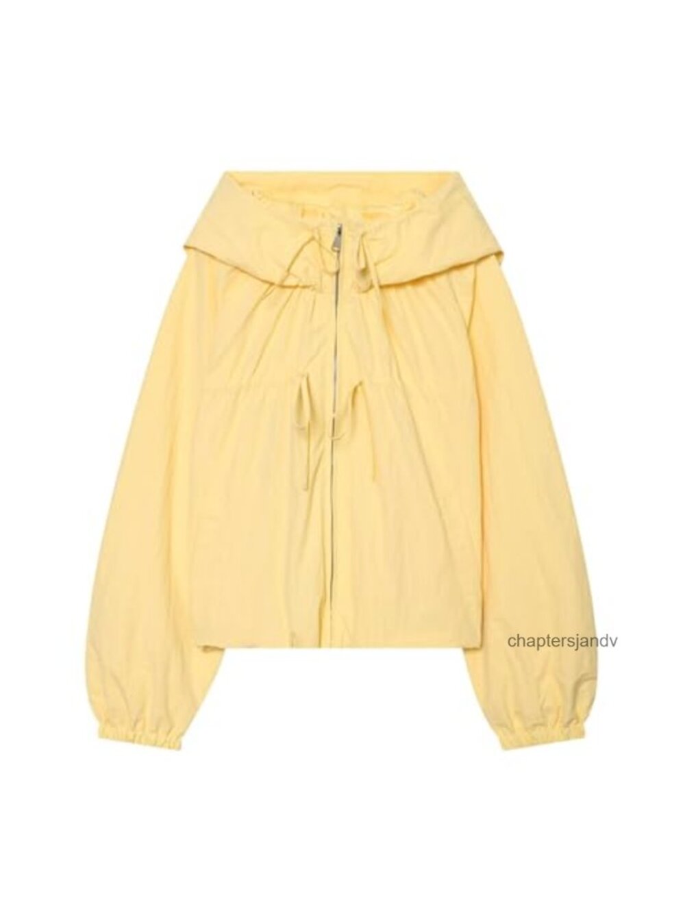 Chevara Nylon Hooded Jacket Bow Detail Loose Fit Drawstring Hem Long Sleeve